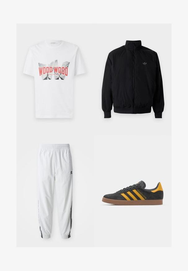 Černá zipová bunda s vysokým límcem, vyrobená z lehkého materiálu. Má elastické manžety a pas, s malým logem na horní levé straně.; Bílá bavlněná tričko s výrazným grafickým potiskem v červené a černé barvě a textem "WOOD WOOD," umístěné na čistém pozadí.; Bílé sportovní kalhoty s černými bočními pruhy, elastickým pasem a manžetami; na levém stehně je logo Adidas. Hladká textilie.; Černé semišové tenisky se žlutými akcenty, vybavené třemi pruhy a hnědou gumovou podrážkou. Obsahují polstrovaný jazyk pro pohodlí.