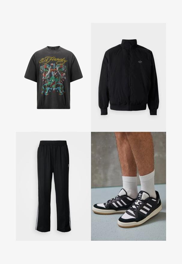 Czarna kurtka zapinana na zamek z wysokim kołnierzem, wykonana z lekkiego materiału. Posiada elastyczne mankiety i pas, oraz małe logo na górnej lewej stronie.; Czarna, oversize koszulka z kolorową grafiką smoka, ozdobioną kwiatowymi akcentami oraz złotym napisem "Ed Hardy" przy dekolcie.; Czarne sportowe spodnie z elastycznym paskiem w talii, z białymi paskami po bokach i małym logo. Materiał wydaje się miękki i lekki.; Czarno-białe sneakersy z zamszową i skórzaną cholewką, z trzema białymi paskami, perforowanym czubkiem i gumową podeszwą w kolorze gumy.