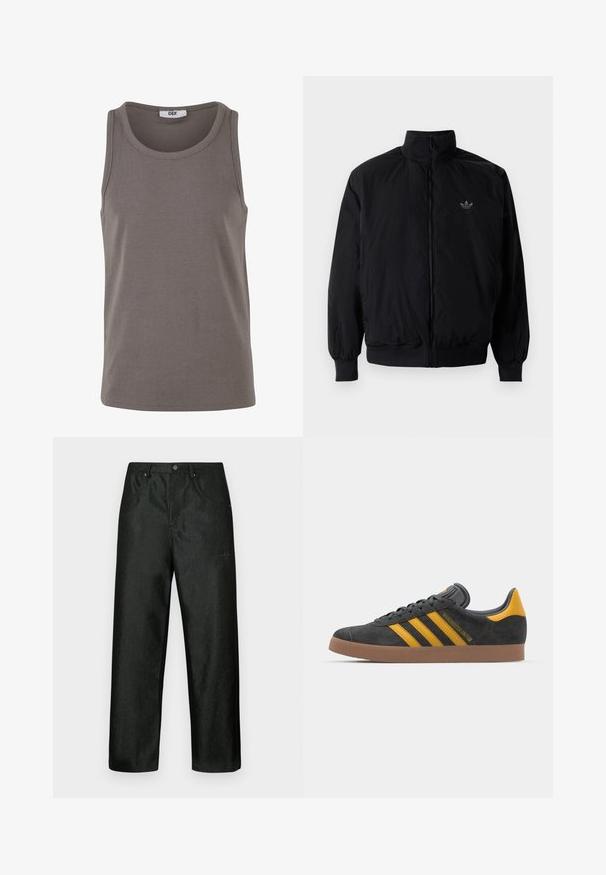 Crna jakna na zip s visokim ovratnikom, izrađena od laganog materijala. Ima elastične manžete i pojas, s malim logotipom na gornjem lijevom dijelu.; Sivi rebrasti majica bez rukava s okruglim izrezom i širokim otvorima za ruke. Napravljena od rastezljivog materijala, ima regularan kroj i minimalistički dizajn.; Crne hlače sa blagim sjajem, ravnog kroja, s dva prednja džepa i diskretnim logotipom na gornjoj lijevoj strani.; Crne nubuk tenisice s žutim detaljima, sa tri pruge i smešnim gumenim potplatom. Imaju jastučić na jeziku za udobnost.