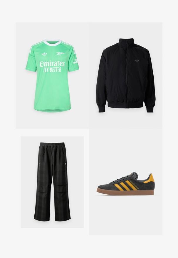 Crna jakna na zip s visokim ovratnikom, izrađena od laganog materijala. Ima elastične manžete i pojas, s malim logotipom na gornjem lijevom dijelu.; adidas Performance LIVERPOOL FC 25/26 GOALKEEPER JERSEY - Klupska odjeća - glory mint; Crne karirane hlače s elastičnom urezom, dva prednja džepa i ležernim krojem s ravnim nogavicama. Izrađene su od laganog materijala.; Crne nubuk tenisice s žutim detaljima, sa tri pruge i smešnim gumenim potplatom. Imaju jastučić na jeziku za udobnost.