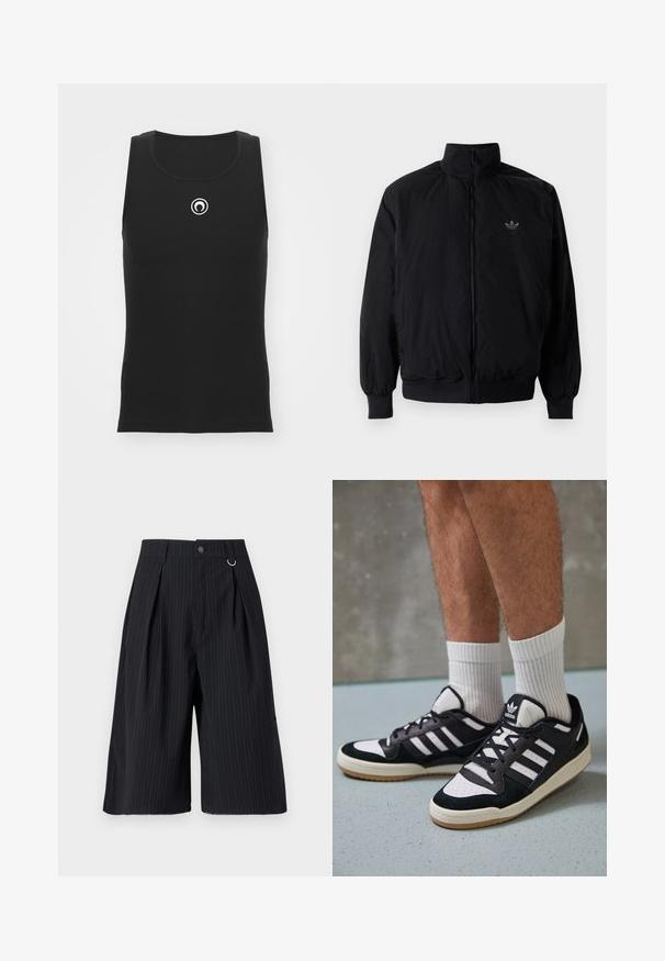 Svart zipjacka med hög krage, tillverkad av lätt material. Har elastiska cuffar och midja, med en liten logo på övre vänster.; Svart ribbad linne med rund halsringning och en cirkulär vit logotyp på bröstet; har en figurnära design.; Svarta randiga shorts med veck, knappstängning och metallring som accent. Slät tyg med skräddarsydd passform och knälång design.; Svartvita sneakers med ovandel i mocka och läder, med tre vita ränder, perforerad tå och sula av gummigummi.