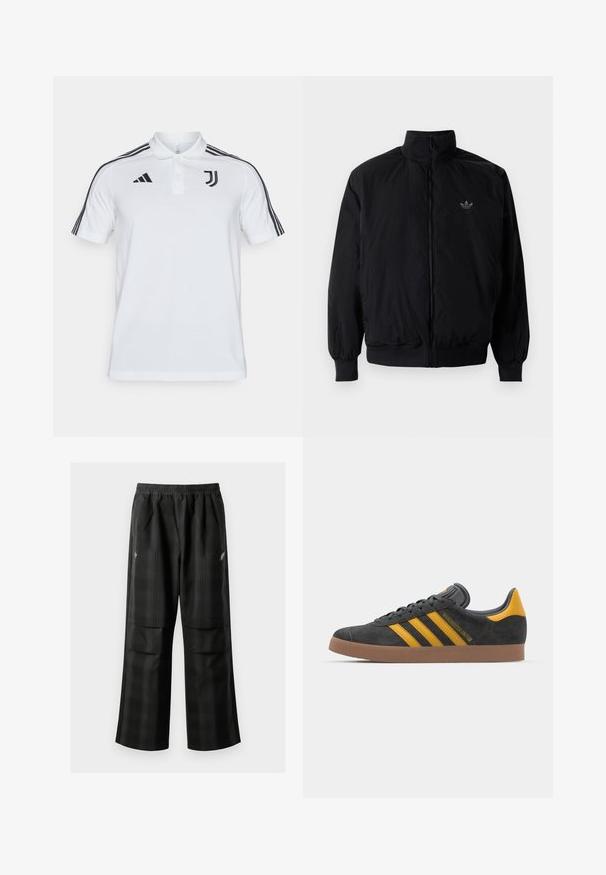 Svart zipjacka med hög krage, tillverkad av lätt material. Har elastiska cuffar och midja, med en liten logo på övre vänster.; Vit polo skjorta med tre svarta ränder på varje axel, svart Adidas-logga och Juventus-emblemet på bröstet. Tillverkad av bomull.; Svarta rutiga byxor med elastisk midja, två framfickor och en lös passform med rak bendesign. Tillverkade av lätt material.; Svart mockaskor med gula accenter, med tre ränder och en brun gummisula. Inkluderar en vadderad tunga för extra komfort.