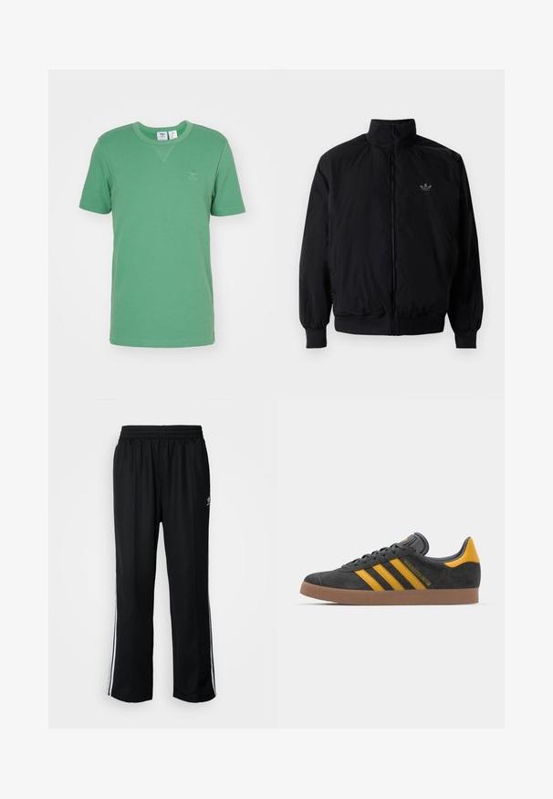 Black zipped jacket with high collar, made of lightweight material. Features elastic cuffs and waistband, with a small logo on the upper left.; adidas Originals ESS W TEE - Basic T-shirt - preloved green; Black athletic pants with an elastic waistband, featuring white side stripes and a small logo. Material appears soft and lightweight.; Black suede sneaker with yellow accents, featuring three stripes and a brown rubber sole. Includes a padded tongue for comfort.