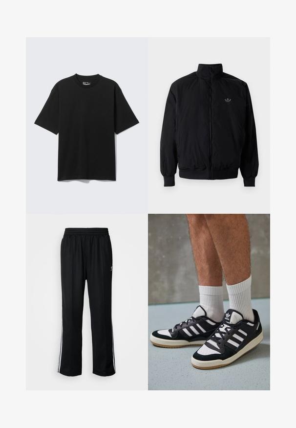 Crna jakna na zip s visokim ovratnikom, izrađena od laganog materijala. Ima elastične manžete i pojas, s malim logotipom na gornjem lijevom dijelu.; Crna pamučna majica kratkih rukava, okruglog izreza i opuštenog kroja. Tkanina je glatke teksture bez vidljivih uzoraka ili ukrasa.; Crne sportske hlače s elastičnom trakom oko struka, s bijelim bočnim prugama i malim logotipom. Materijal izgleda mekan i lagan.; Crne i bijele tenisice s gornjim dijelom od antilopa i kože, s tri bijele pruge, perforiranim prstom i gumiranim potplatom.