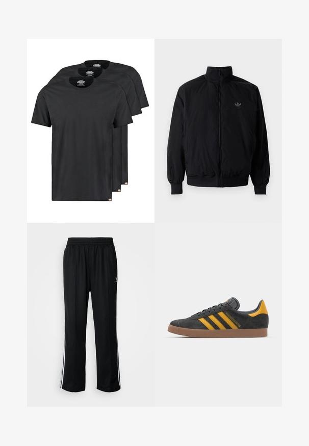 Černá zipová bunda s vysokým límcem, vyrobená z lehkého materiálu. Má elastické manžety a pas, s malým logem na horní levé straně.; Černé bavlněné trička v balení po třech. Kulatý výstřih, krátké rukávy a hladká textura. Logo štítek na lemu.; Černé sportovní kalhoty s elastickým pasem, s bílými bočními pruhy a malým logem. Materiál vypadá měkce a lehce.; Černé semišové tenisky se žlutými akcenty, vybavené třemi pruhy a hnědou gumovou podrážkou. Obsahují polstrovaný jazyk pro pohodlí.