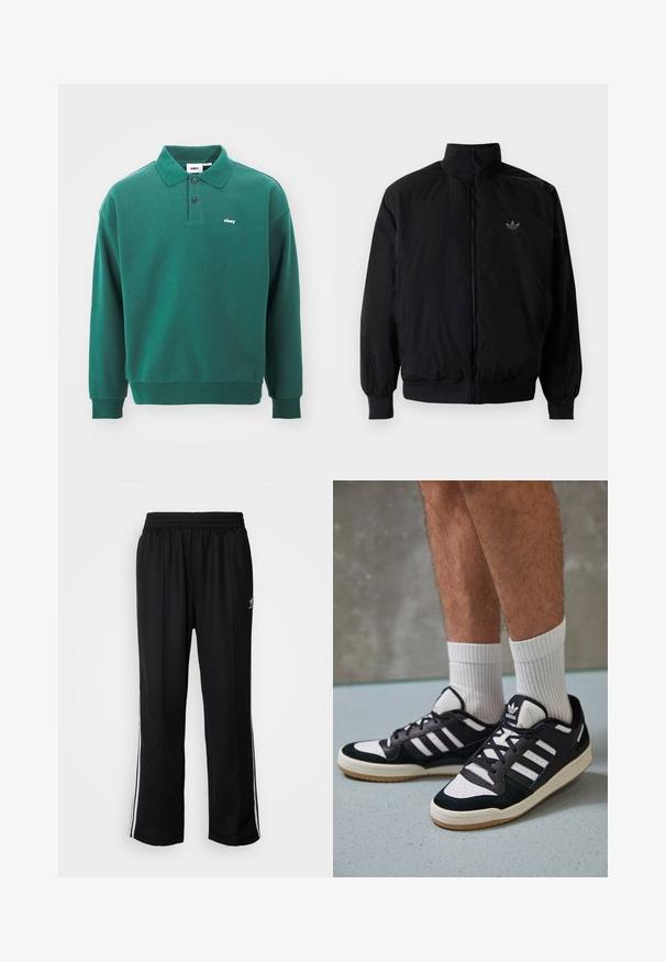 Schwarze Jacke mit Reißverschluss und hohem Kragen, aus leichtem Material gefertigt. Verfügt über elastische Bündchen und einen elastischen Saum, mit einem kleinen Logo oben links.; Obey Clothing LOWERCASE - Langarmshirt - rain forest; Schwarze Sporthosen mit elastischem Bund, ausgestattet mit weißen Seitenstreifen und einem kleinen Logo. Das Material wirkt weich und leicht.; Schwarz-weiße Sneaker mit einem Obermaterial aus Wildleder und Leder, ausgestattet mit drei weißen Streifen, einer perforierten Zehenpartie und einer Sohle aus Gummi.