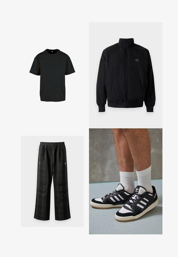 Czarna kurtka zapinana na zamek z wysokim kołnierzem, wykonana z lekkiego materiału. Posiada elastyczne mankiety i pas, oraz małe logo na górnej lewej stronie.; Czarny bawełniany t-shirt z okrągłym dekoltem i krótkimi rękawami; charakteryzuje się luźnym krojem i gładką, fakturowaną powierzchnią.; Czarne spodnie w kratę z elastycznym pasem, dwoma przednimi kieszeniami i luźnym krojem ze prostymi nogawkami. Wykonane z lekkiego materiału.; Czarno-białe sneakersy z zamszową i skórzaną cholewką, z trzema białymi paskami, perforowanym czubkiem i gumową podeszwą w kolorze gumy.