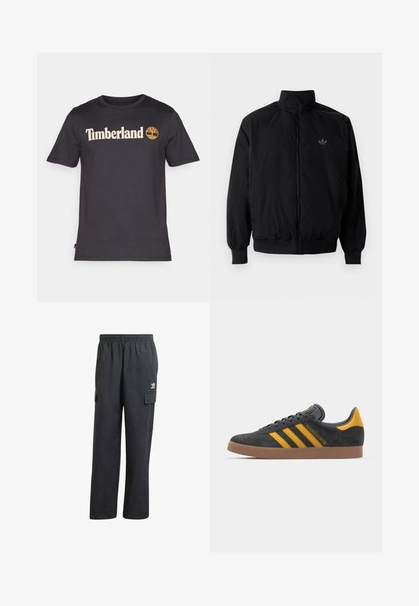 Chaqueta negra con cremallera y cuello alto, hecha de material ligero. Cuenta con puños y cinturilla elásticos, y un pequeño logo en la parte superior izquierda.; Camiseta de algodón negra con un logo "Timberland" en color crema y un emblema de árbol en la parte delantera. Diseño de manga corta y cuello redondo.; Pantalones cargo negros con una cinturilla elástica, dos bolsillos laterales y un logo sutil en el muslo izquierdo. Fabricados con una tela ligera.; Zapatillas de ante negro con acentos amarillos, que presentan tres franjas y una suela de goma marrón. Incluyen una lengüeta acolchada para mayor comodidad.