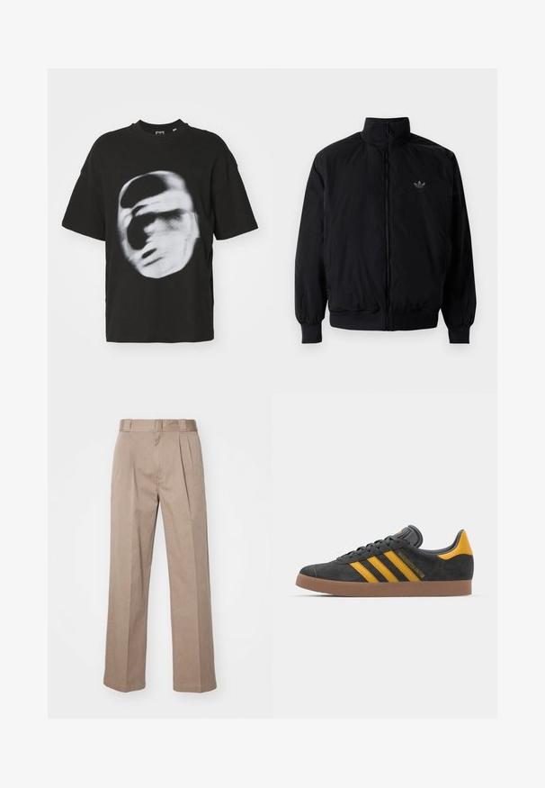 Black zipped jacket with high collar, made of lightweight material. Features elastic cuffs and waistband, with a small logo on the upper left.; Black cotton t-shirt featuring a blurred white graphic of a face. Short sleeves and a round neck design.; Beige, high-waisted trousers with a wide-leg design. Features two front pleats and a smooth texture. Standard length with a clean finish.; Black suede sneaker with yellow accents, featuring three stripes and a brown rubber sole. Includes a padded tongue for comfort.