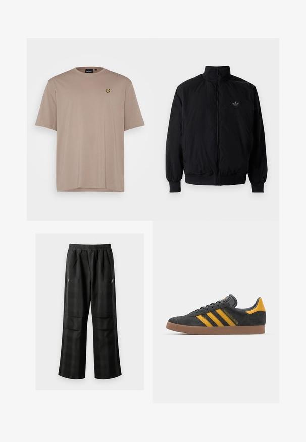 Black zipped jacket with high collar, made of lightweight material. Features elastic cuffs and waistband, with a small logo on the upper left.; Lyle & Scott PLAIN - Basic T-shirt - heritage taupe; Black plaid pants featuring an elastic waistband, two front pockets, and a loose fit with a straight leg design. Made from lightweight material.; Black suede sneaker with yellow accents, featuring three stripes and a brown rubber sole. Includes a padded tongue for comfort.
