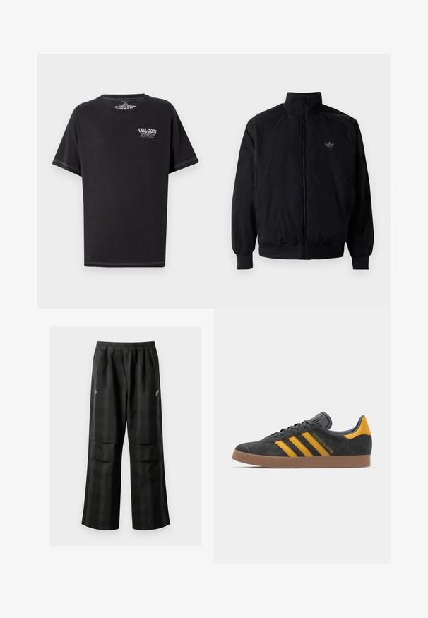 Black zipped jacket with high collar, made of lightweight material. Features elastic cuffs and waistband, with a small logo on the upper left.; Black t-shirt made of cotton, featuring a round neckline, short sleeves, and white contrast stitching. Front displays "VOLCOM STORE" in light lettering.; Black plaid pants featuring an elastic waistband, two front pockets, and a loose fit with a straight leg design. Made from lightweight material.; Black suede sneaker with yellow accents, featuring three stripes and a brown rubber sole. Includes a padded tongue for comfort.