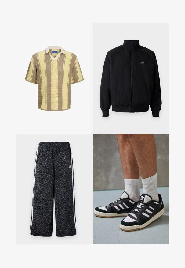 Giacca nera con zip e colletto alto, realizzata in materiale leggero. Presenta polsini e vita elastici, con un piccolo logo in alto a sinistra.; Polo a maniche corte in maglia con strisce beige, crema e gialle. Design con scollo a V, colletto a contrasto e tessuto testurizzato.; adidas Originals GRAPHIC UNISEX - Pantaloni sportivi - black; Sneaker bianco e nero con tomaia in suede e pelle, caratterizzati da tre strisce bianche, punta perforata e suola in gomma naturale.