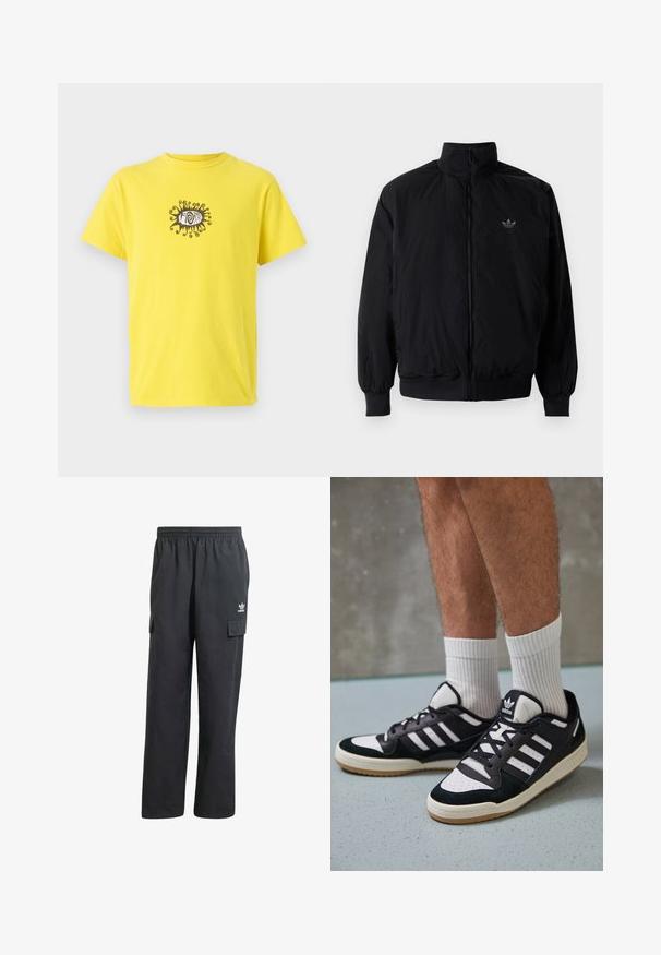 Černá zipová bunda s vysokým límcem, vyrobená z lehkého materiálu. Má elastické manžety a pas, s malým logem na horní levé straně.; Žluté bavlněné tričko s černou grafikou oka se spirálovitými čarami nad a pod ním. Krátké rukávy a střih s kulatým výstřihem.; Černé cargo kalhoty s elastickým pasem, dvěma bočními kapsami a decentním logem na levém stehně. Vyrobeno z lehkého materiálu.; Černobílé tenisky s vrchní částí z semišové a kožené kůže, včetně tří bílých pruhů, perforovaného špičky a podrážky z gumy.