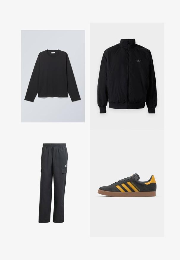 Black zipped jacket with high collar, made of lightweight material. Features elastic cuffs and waistband, with a small logo on the upper left.; Black long-sleeve T-shirt made of soft fabric. Features a crew neckline and relaxed fit. Seam details on shoulders, minimalistic design.; Black cargo pants with an elastic waistband, two side pockets, and a subtle logo on the left thigh. Made from a lightweight fabric.; Black suede sneaker with yellow accents, featuring three stripes and a brown rubber sole. Includes a padded tongue for comfort.