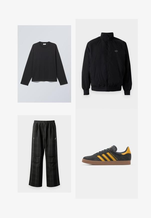 Crna jakna na zip s visokim ovratnikom, izrađena od laganog materijala. Ima elastične manžete i pojas, s malim logotipom na gornjem lijevom dijelu.; Crna majica dugih rukava izrađena od mekog materijala. Ima okrugli izrez i opušteni kroj. Šavovi na ramenima, minimalistički dizajn.; Crne karirane hlače s elastičnom urezom, dva prednja džepa i ležernim krojem s ravnim nogavicama. Izrađene su od laganog materijala.; Crne nubuk tenisice s žutim detaljima, sa tri pruge i smešnim gumenim potplatom. Imaju jastučić na jeziku za udobnost.