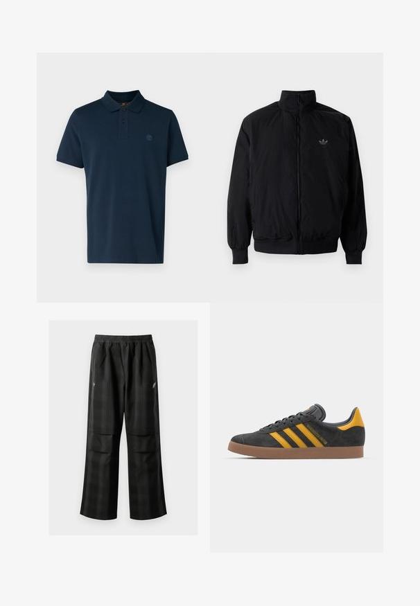 Černá zipová bunda s vysokým límcem, vyrobená z lehkého materiálu. Má elastické manžety a pas, s malým logem na horní levé straně.; Námorně modrá polo košile z bavlny s límečkem, tříknoflíkovou légou a malým logem na hrudi. Krátké rukávy.; Černé kostkované kalhoty s elastickým pasem, dvěma předními kapsami a volným střihem se rovnými nohavicemi. Vyrobeny z lehkého materiálu.; Černé semišové tenisky se žlutými akcenty, vybavené třemi pruhy a hnědou gumovou podrážkou. Obsahují polstrovaný jazyk pro pohodlí.