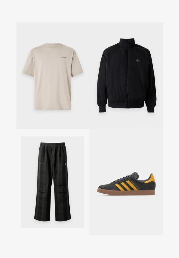 Svart zipjacka med hög krage, tillverkad av lätt material. Har elastiska cuffar och midja, med en liten logo på övre vänster.; Beige bomulls-T-shirt med kort ärm och rund halsringning. Har en liten broderad "CLOSED"-logotyp på övre vänstra bröstet.; Svarta rutiga byxor med elastisk midja, två framfickor och en lös passform med rak bendesign. Tillverkade av lätt material.; Svart mockaskor med gula accenter, med tre ränder och en brun gummisula. Inkluderar en vadderad tunga för extra komfort.