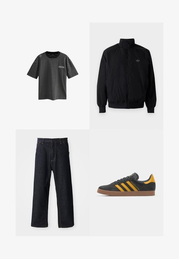 Schwarze Jacke mit Reißverschluss und hohem Kragen, aus leichtem Material gefertigt. Verfügt über elastische Bündchen und einen elastischen Saum, mit einem kleinen Logo oben links.; Gestreiftes T-Shirt in Schwarzweiß mit kurzen Ärmeln und Rundhalsausschnitt. Mit dem Textdesign "Kopenhagen" auf der Vorderseite. Hergestellt aus glattem Stoff.; Dunkelblaue Jeanshose mit geradem Bein, ausgestattet mit gelben Nähten, Vordertaschen und einem Knopfverschluss an der Taille.; Schwarze Wildledersneaker mit gelben Akzenten, ausgestattet mit drei Streifen und einer braunen Gummisohle. Enthält eine gepolsterte Zunge für zusätzlichen Komfort.