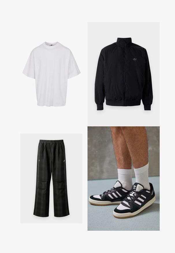 Czarna kurtka zapinana na zamek z wysokim kołnierzem, wykonana z lekkiego materiału. Posiada elastyczne mankiety i pas, oraz małe logo na górnej lewej stronie.; Biała bawełniana koszulka z okrągłym dekoltem i krótkimi rękawami, o luźnym kroju i subtelnych detalach przeszycia.; Czarne spodnie w kratę z elastycznym pasem, dwoma przednimi kieszeniami i luźnym krojem ze prostymi nogawkami. Wykonane z lekkiego materiału.; Czarno-białe sneakersy z zamszową i skórzaną cholewką, z trzema białymi paskami, perforowanym czubkiem i gumową podeszwą w kolorze gumy.