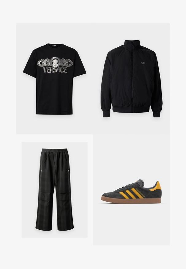 Black zipped jacket with high collar, made of lightweight material. Features elastic cuffs and waistband, with a small logo on the upper left.; Black cotton t-shirt featuring a silver Versace logo with a lion medallion and chain design across the front. Classic crew neck style.; Black plaid pants featuring an elastic waistband, two front pockets, and a loose fit with a straight leg design. Made from lightweight material.; Black suede sneaker with yellow accents, featuring three stripes and a brown rubber sole. Includes a padded tongue for comfort.