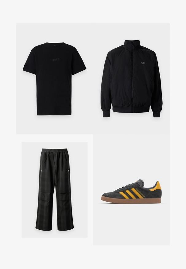 Black zipped jacket with high collar, made of lightweight material. Features elastic cuffs and waistband, with a small logo on the upper left.; Black cotton t-shirt with short sleeves, ribbed texture, crew neckline, and embroidered "FORMER" logo on the front.; Black plaid pants featuring an elastic waistband, two front pockets, and a loose fit with a straight leg design. Made from lightweight material.; Black suede sneaker with yellow accents, featuring three stripes and a brown rubber sole. Includes a padded tongue for comfort.