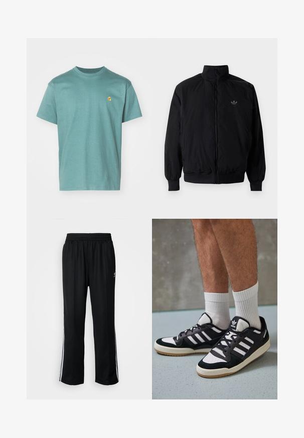 Czarna kurtka zapinana na zamek z wysokim kołnierzem, wykonana z lekkiego materiału. Posiada elastyczne mankiety i pas, oraz małe logo na górnej lewej stronie.; Bawełniana koszulka w kolorze teal, krótki rękaw, okrągły dekolt, z małym żółtym logo na lewej piersi. Teksturowana tkanina o gładkim wykończeniu.; Czarne sportowe spodnie z elastycznym paskiem w talii, z białymi paskami po bokach i małym logo. Materiał wydaje się miękki i lekki.; Czarno-białe sneakersy z zamszową i skórzaną cholewką, z trzema białymi paskami, perforowanym czubkiem i gumową podeszwą w kolorze gumy.
