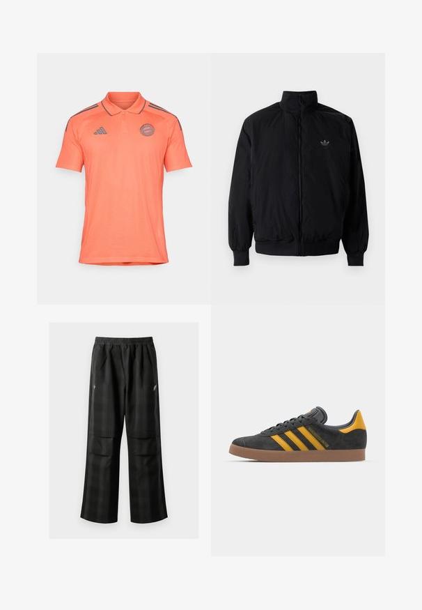 Musta vetoketjullinen takki, jossa on korkea kaulus, valmistettu kevyestä materiaalista. Varustettu joustavilla hihoilla ja vyötäröllä, ja ylävasemmalla on pieni logo.; Oranssi lyhythihainen poolopaita, joka on valmistettu rakenteellisesta kankaasta. Siinä on kaulus, kolme nappia, ja tummanharmaat raidat olkapäillä.; Mustat ruudulliset housut, joissa on joustava vyötärö, kaksi etutaskua ja rento istuvuus suoralla lahkeella. Valmistettu kevyestä materiaalista.; Mustat samettiset tennarit, joissa on keltaisia yksityiskohtia, kolmonen raita ja ruskea kumipohja. Sisältää pehmustetun kielisen mukavuutta varten.