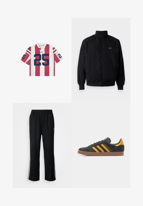 Musta vetoketjullinen takki, jossa on korkea kaulus, valmistettu kevyestä materiaalista. Varustettu joustavilla hihoilla ja vyötäröllä, ja ylävasemmalla on pieni logo.; Punainen ja valkoinen raidallinen lyhythihainen paita, jossa on sininen numero "25", verkkokangasta, V-mallinen kaulus ja kontrastiväriset olkaraidat.; Mustat urheiluhousut, joissa on joustava vyötärö, valkoiset sivuraidat ja pieni logo. Materiaali näyttää pehmeältä ja kevyeltä.; Mustat samettiset tennarit, joissa on keltaisia yksityiskohtia, kolmonen raita ja ruskea kumipohja. Sisältää pehmustetun kielisen mukavuutta varten.