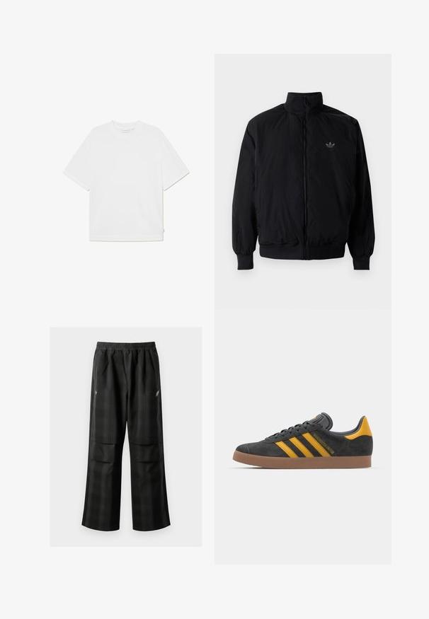 Svart zipjacka med hög krage, tillverkad av lätt material. Har elastiska cuffar och midja, med en liten logo på övre vänster.; Vit kortärmad t-shirt i mjuk bomull. Har rund halsringning, avslappnad passform och sidetikett. Slät textur.; Svarta rutiga byxor med elastisk midja, två framfickor och en lös passform med rak bendesign. Tillverkade av lätt material.; Svart mockaskor med gula accenter, med tre ränder och en brun gummisula. Inkluderar en vadderad tunga för extra komfort.
