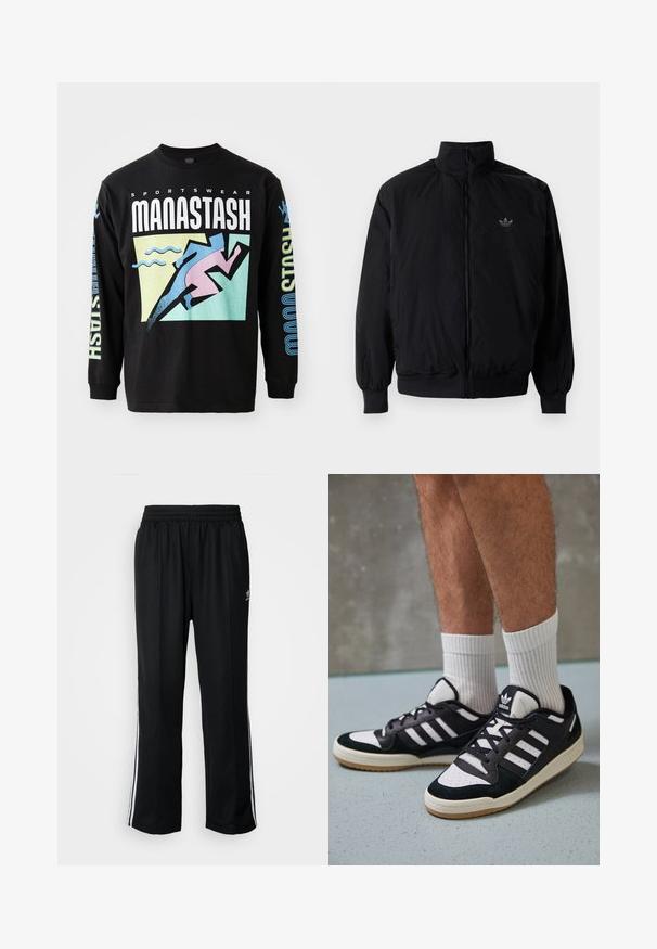 Czarna kurtka zapinana na zamek z wysokim kołnierzem, wykonana z lekkiego materiału. Posiada elastyczne mankiety i pas, oraz małe logo na górnej lewej stronie.; Czarna koszulka z długim rękawem z graficznym wzorem przedstawiającym biegacza w kolorze różowym, z geometrycznymi kształtami i tekstem w bieli i niebieskim, wykonana z bawełny.; Czarne sportowe spodnie z elastycznym paskiem w talii, z białymi paskami po bokach i małym logo. Materiał wydaje się miękki i lekki.; Czarno-białe sneakersy z zamszową i skórzaną cholewką, z trzema białymi paskami, perforowanym czubkiem i gumową podeszwą w kolorze gumy.