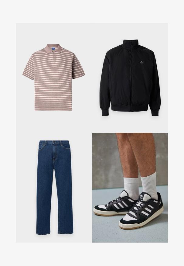 Veste noire à fermeture éclair avec col haut, fabriquée en matériau léger. Dotée de poignets et d'une taille élastiques, avec un petit logo en haut à gauche.; Polo à rayures en rose pâle et blanc, à manches courtes, col avec patte de boutonnage à trois boutons, fabriqué en tissu texturé.; Jean en denim bleu foncé à jambes droites, avec poches avant et fermeture à bouton, présenté sur un fond blanc uni.; Baskets noir et blanc avec une tige en suède et cuir, comportant trois rayures blanches, un bout perforé et une semelle en caoutchouc gum.