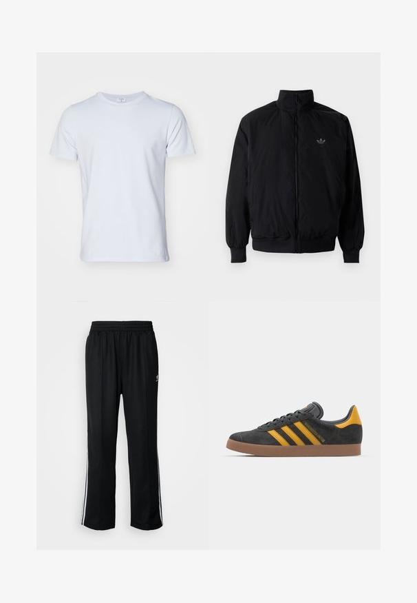 Black zipped jacket with high collar, made of lightweight material. Features elastic cuffs and waistband, with a small logo on the upper left.; Filippa K TEE - Basic T-shirt - ice blue; Black athletic pants with an elastic waistband, featuring white side stripes and a small logo. Material appears soft and lightweight.; Black suede sneaker with yellow accents, featuring three stripes and a brown rubber sole. Includes a padded tongue for comfort.