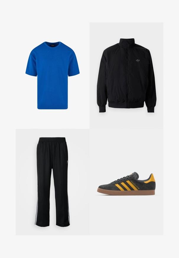 Czarna kurtka zapinana na zamek z wysokim kołnierzem, wykonana z lekkiego materiału. Posiada elastyczne mankiety i pas, oraz małe logo na górnej lewej stronie.; Niebieska krótko rękawowa koszulka wykonana z bawełny, z klasycznym okrągłym dekoltem i luźnym krojem. Gładka tekstura bez widocznych wzorów czy akcentów.; Czarne sportowe spodnie z elastycznym paskiem w talii, z białymi paskami po bokach i małym logo. Materiał wydaje się miękki i lekki.; Czarne zamszowe sneakersy z żółtymi akcentami, z trzema paskami i brązową gumową podeszwą. Posiadają wyściełany język dla większego komfortu.