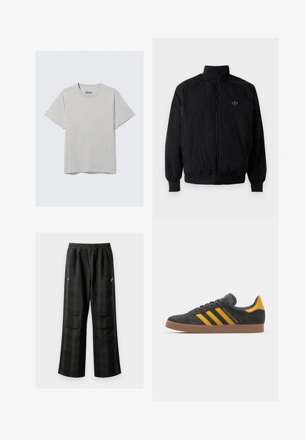 Black zipped jacket with high collar, made of lightweight material. Features elastic cuffs and waistband, with a small logo on the upper left.; Light gray cotton T-shirt with a crew neckline and short sleeves, featuring a minimalist design and a relaxed fit. No patterns or accents.; Black plaid pants featuring an elastic waistband, two front pockets, and a loose fit with a straight leg design. Made from lightweight material.; Black suede sneaker with yellow accents, featuring three stripes and a brown rubber sole. Includes a padded tongue for comfort.