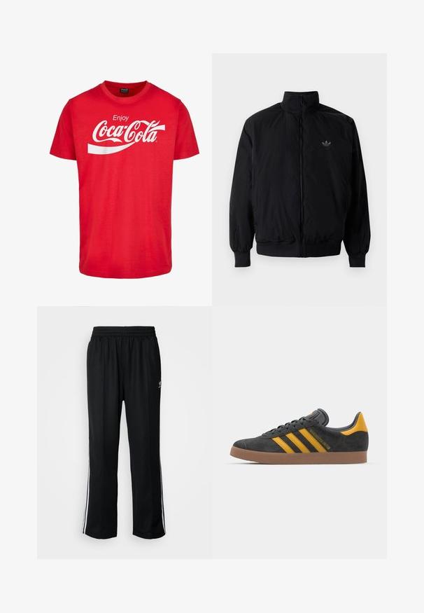Czarna kurtka zapinana na zamek z wysokim kołnierzem, wykonana z lekkiego materiału. Posiada elastyczne mankiety i pas, oraz małe logo na górnej lewej stronie.; Czerwona bawełniana koszulka z krótkim rękawem z białym logo "Coca-Cola" i falistym wzorem na piersi. Klasyczny styl z okrągłym dekoltem.; Czarne sportowe spodnie z elastycznym paskiem w talii, z białymi paskami po bokach i małym logo. Materiał wydaje się miękki i lekki.; Czarne zamszowe sneakersy z żółtymi akcentami, z trzema paskami i brązową gumową podeszwą. Posiadają wyściełany język dla większego komfortu.