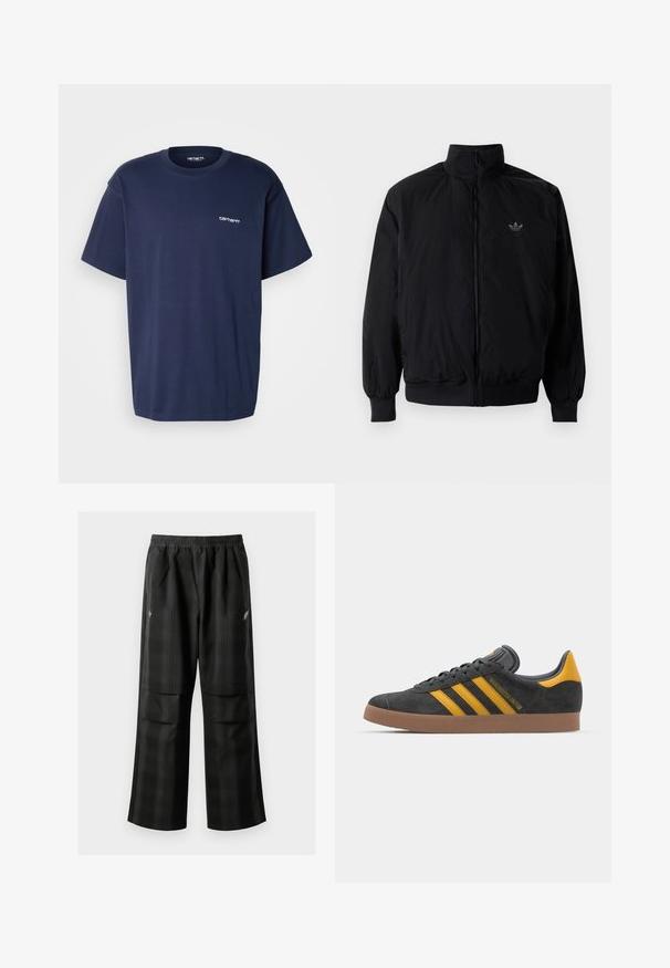 Musta vetoketjullinen takki, jossa on korkea kaulus, valmistettu kevyestä materiaalista. Varustettu joustavilla hihoilla ja vyötäröllä, ja ylävasemmalla on pieni logo.; Carhartt WIP SCRIPT EMBROIDERY - T-paita - air force blue/white; Mustat ruudulliset housut, joissa on joustava vyötärö, kaksi etutaskua ja rento istuvuus suoralla lahkeella. Valmistettu kevyestä materiaalista.; Mustat samettiset tennarit, joissa on keltaisia yksityiskohtia, kolmonen raita ja ruskea kumipohja. Sisältää pehmustetun kielisen mukavuutta varten.