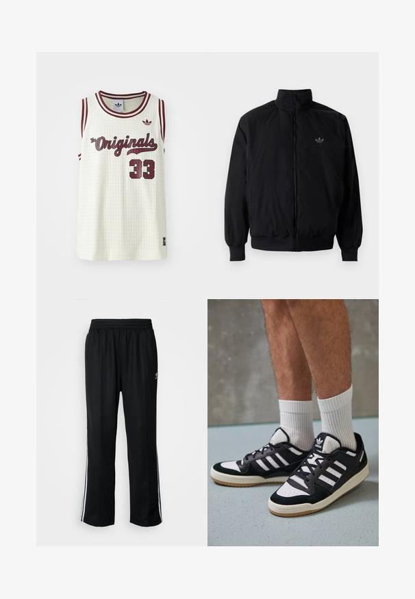 Musta vetoketjullinen takki, jossa on korkea kaulus, valmistettu kevyestä materiaalista. Varustettu joustavilla hihoilla ja vyötäröllä, ja ylävasemmalla on pieni logo.; Valkoinen verkko ilman hihoja oleva paita, jossa on maroon-värisiä yksityiskohtia, "The Originals" -teksti, numero 33 ja pieni logo vasemmassa rinnassa.; Mustat urheiluhousut, joissa on joustava vyötärö, valkoiset sivuraidat ja pieni logo. Materiaali näyttää pehmeältä ja kevyeltä.; Valkoiset ja mustat tennarit, joissa on mokkanahka- ja nahkapäällinen, kolme valkoista raitaa, rei'itetty kärki ja kumipohja.