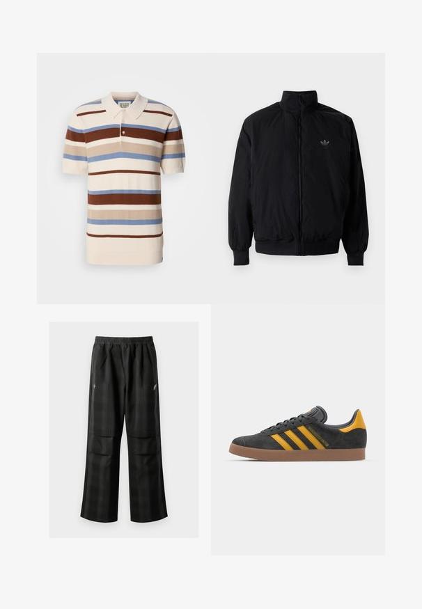 Crna jakna na zip s visokim ovratnikom, izrađena od laganog materijala. Ima elastične manžete i pojas, s malim logotipom na gornjem lijevom dijelu.; Polo majica sa horizontalnim prugama u smeđoj, bež i plavoj boji na krem upozoravanju. Kratki rukavi i ovratnik. Tekstilirani materijal.; Crne karirane hlače s elastičnom urezom, dva prednja džepa i ležernim krojem s ravnim nogavicama. Izrađene su od laganog materijala.; Crne nubuk tenisice s žutim detaljima, sa tri pruge i smešnim gumenim potplatom. Imaju jastučić na jeziku za udobnost.