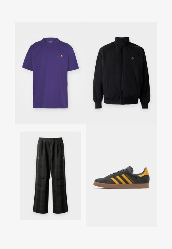 Schwarze Jacke mit Reißverschluss und hohem Kragen, aus leichtem Material gefertigt. Verfügt über elastische Bündchen und einen elastischen Saum, mit einem kleinen Logo oben links.; Carhartt WIP AMERICAN SCRIPT - T-Shirt basic - aura; Schwarze karierte Hosen mit elastischem Bund, zwei Fronttaschen und lockerer Passform im geraden Beinschnitt. Hergestellt aus leichtem Material.; Schwarze Wildledersneaker mit gelben Akzenten, ausgestattet mit drei Streifen und einer braunen Gummisohle. Enthält eine gepolsterte Zunge für zusätzlichen Komfort.