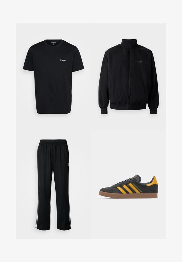 Black zipped jacket with high collar, made of lightweight material. Features elastic cuffs and waistband, with a small logo on the upper left.; Black cotton t-shirt with short sleeves, crew neckline, and white "Originals" logo on the chest. Smooth texture, regular fit.; Black athletic pants with an elastic waistband, featuring white side stripes and a small logo. Material appears soft and lightweight.; Black suede sneaker with yellow accents, featuring three stripes and a brown rubber sole. Includes a padded tongue for comfort.