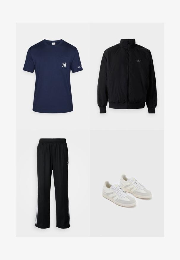 Sort lynlåsjakke med høj krave, fremstillet af letvægtsmateriale. Har elastiske manchetter og talje, med et lille logo på øverste venstre side.; Marineblå bomulds t-shirt med lomme; har et broderet New York Yankees-logo på brystet og et logo på ærmet.; Sorte træningsbukser med elastisk talje, der har hvide sidestænger og et lille logo. Materialet ser blødt og let ud.; Hvide sneakers med lysegrå nubuck-detaljer og striber, der har en struktureret stofoverdel, flade snørebånd og en gummisål.