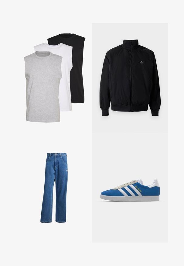 Black zipped jacket with high collar, made of lightweight material. Features elastic cuffs and waistband, with a small logo on the upper left.; Three sleeveless t-shirts in gray, white, and black. Soft cotton material with a crew neck and relaxed fit. Simple design, no patterns.; Blue high-waist wide-leg denim jeans with front pockets, belt loops, button closure, and small Adidas logo on the right thigh.; adidas Originals ADIDAS GAZELLE SHOES - Indoor football boots - real madrid/bluebird/footwear white/crew yellow