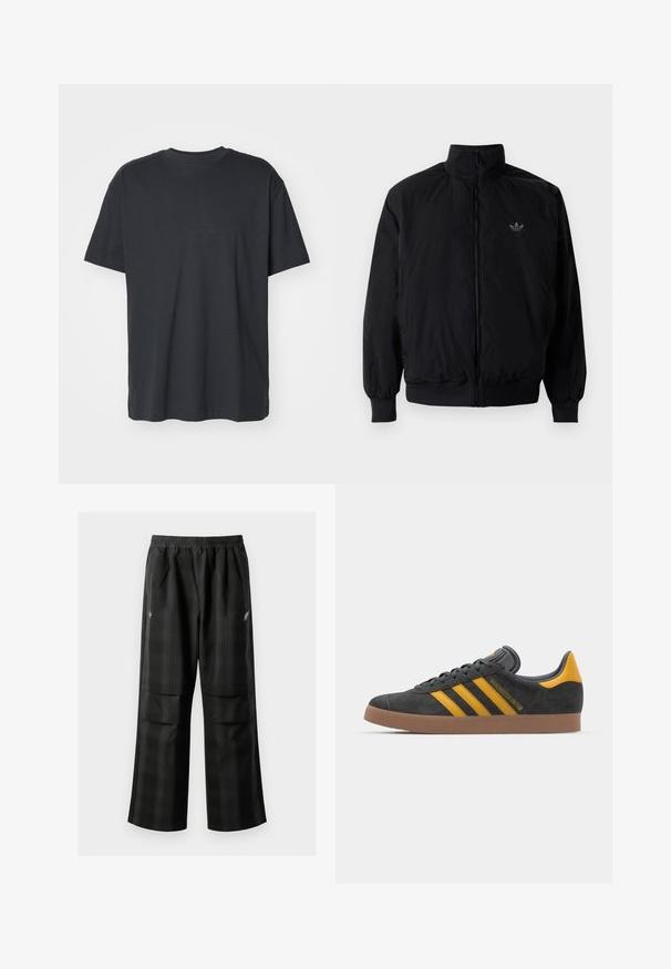 Crna jakna na zip s visokim ovratnikom, izrađena od laganog materijala. Ima elastične manžete i pojas, s malim logotipom na gornjem lijevom dijelu.; Crna pamučna majica kratkih rukava, okrugli izrez, opušteni kroj i glatka tekstura. Nema vidljivih uzoraka ili dodatnih detalja.; Crne karirane hlače s elastičnom urezom, dva prednja džepa i ležernim krojem s ravnim nogavicama. Izrađene su od laganog materijala.; Crne nubuk tenisice s žutim detaljima, sa tri pruge i smešnim gumenim potplatom. Imaju jastučić na jeziku za udobnost.