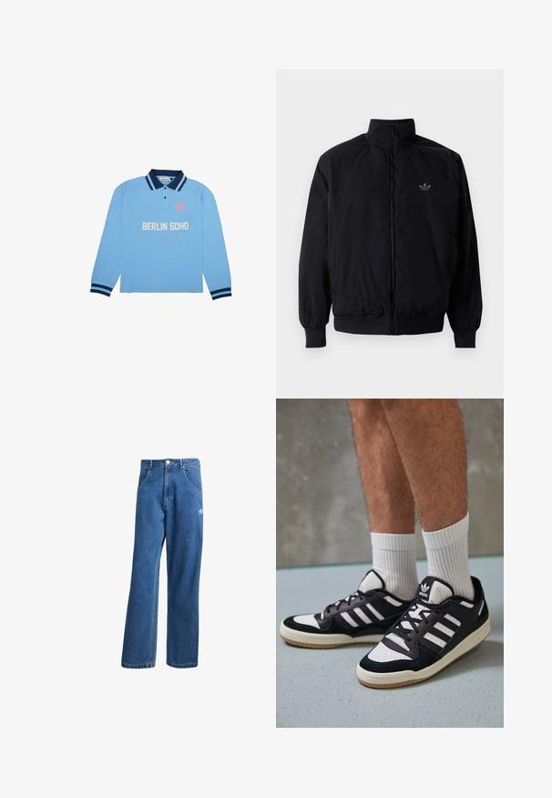 Čierna zips kombinéza s vysokým golierom, vyrobená z ľahkého materiálu. Obsahuje elastické manžety a pás, s malým logom na hornej ľavej strane.; Svetlomodrá polo košeľa s dlhým rukávom a tmavomodrým golierom a manžetami, na ľavej strane hrude má biely text "BERLIN SOHO" a kruhové logo.; Modré riflové nohavice s vysokým pásom a širokým strihom, s prednými vreckami, pútkami na opasok, zapínaním na gombík a malým logom Adidas na pravej stehne.; Čierno-biele tenisky s vrchom z semišu a kože, s troma bielymi pruhmi, perforovanou špičkou a gumovou podrážkou.