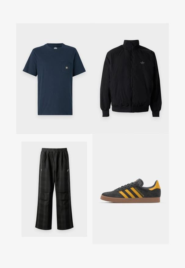 Schwarze Jacke mit Reißverschluss und hohem Kragen, aus leichtem Material gefertigt. Verfügt über elastische Bündchen und einen elastischen Saum, mit einem kleinen Logo oben links.; Marineblaue Baumwoll-T-Shirt mit kurzen Ärmeln, Rundhalsausschnitt und einer Brusttasche, die ein quadratisches Logo-Patch zeigt. Glatte Textur, lässiges Design.; Schwarze karierte Hosen mit elastischem Bund, zwei Fronttaschen und lockerer Passform im geraden Beinschnitt. Hergestellt aus leichtem Material.; Schwarze Wildledersneaker mit gelben Akzenten, ausgestattet mit drei Streifen und einer braunen Gummisohle. Enthält eine gepolsterte Zunge für zusätzlichen Komfort.