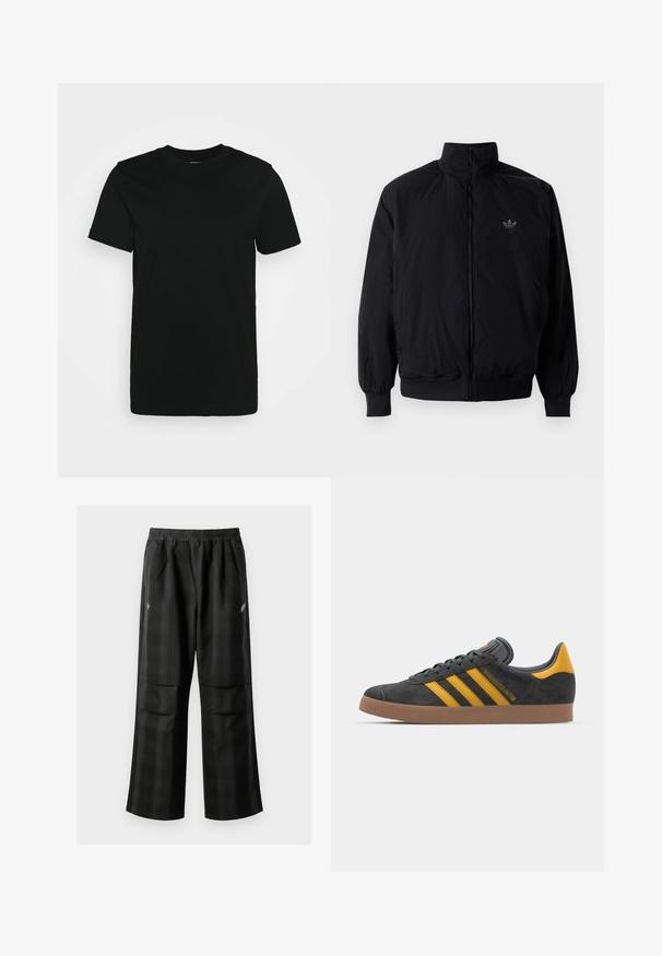 Black zipped jacket with high collar, made of lightweight material. Features elastic cuffs and waistband, with a small logo on the upper left.; Black short-sleeve T-shirt made of smooth cotton fabric, featuring a crew neckline and a simple design without patterns or accents.; Black plaid pants featuring an elastic waistband, two front pockets, and a loose fit with a straight leg design. Made from lightweight material.; Black suede sneaker with yellow accents, featuring three stripes and a brown rubber sole. Includes a padded tongue for comfort.