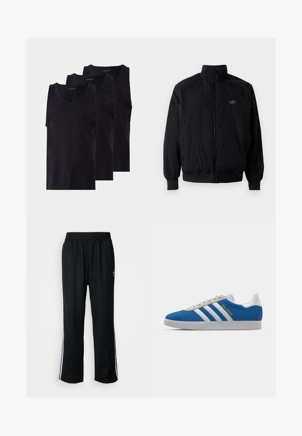 Musta vetoketjullinen takki, jossa on korkea kaulus, valmistettu kevyestä materiaalista. Varustettu joustavilla hihoilla ja vyötäröllä, ja ylävasemmalla on pieni logo.; Mustat puuvillaiset hihattomat topit kolmessa pakkauksessa, joissa on pyöreä pääntie, hihaton muotoilu, sileä tekstuuri ja klassinen malli.; Mustat urheiluhousut, joissa on joustava vyötärö, valkoiset sivuraidat ja pieni logo. Materiaali näyttää pehmeältä ja kevyeltä.; adidas Originals ADIDAS GAZELLE SHOES - Sisäjalkapallokengät - real madrid/bluebird/footwear white/crew yellow