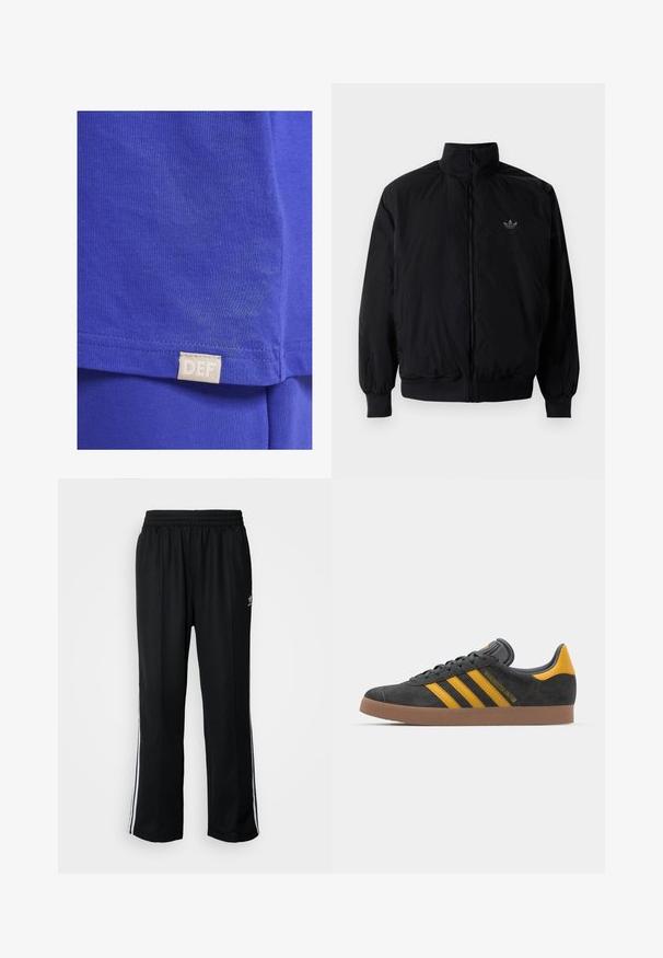 Crna jakna na zip s visokim ovratnikom, izrađena od laganog materijala. Ima elastične manžete i pojas, s malim logotipom na gornjem lijevom dijelu.; Plavi pamučni majica s glatkom teksturom, kratkim rukavima i pravokutnom oznakom od tkanine s natpisom "DEF" blizu rubova.; Crne sportske hlače s elastičnom trakom oko struka, s bijelim bočnim prugama i malim logotipom. Materijal izgleda mekan i lagan.; Crne nubuk tenisice s žutim detaljima, sa tri pruge i smešnim gumenim potplatom. Imaju jastučić na jeziku za udobnost.