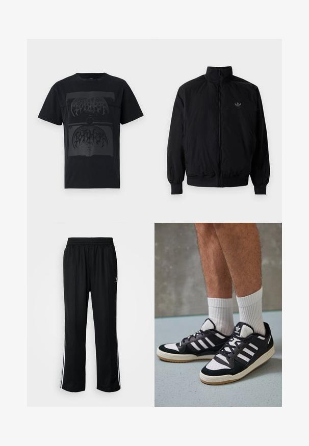 Zwarte geluiting jack met hoge kraag, gemaakt van lichtgewicht materiaal. Voorzien van elastische manchetten en tailleband, met een klein logo op de linkerbovenkant.; Zwarte katoenen T-shirt met een grote donkere grafische afbeelding met abstracte vormen en lijnen in het midden van de voorkant. Korte mouwen en ronde hals.; Zwarte sportbroeken met een elastische tailleband, voorzien van witte zijkanten en een klein logo. Het materiaal lijkt zacht en lichtgewicht te zijn.; Zwart-witte sneakers met een bovenwerk van suede en leer, voorzien van drie witte strepen, een geperforeerde neus en een rubberen gumzool.