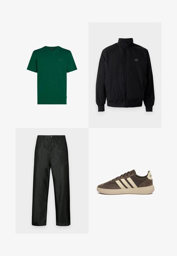 Black zipped jacket with high collar, made of lightweight material. Features elastic cuffs and waistband, with a small logo on the upper left.; Green cotton t-shirt with short sleeves. Features a crew neck and a small logo on the chest. Smooth texture, casual design.; Black pants with a slight sheen, featuring a straight leg design, two front pockets, and a discreet logo on the upper left side.; Brown suede sneaker with three white stripes, rounded toe, thick rubber sole, and minimal branding on the heel.